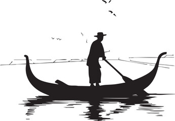 Silhouette of a gondolier rowing a traditional venetian gondola on calm water with birds flying above