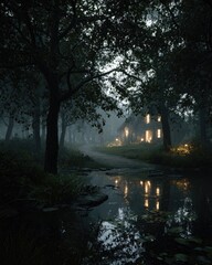 Misty, dark forest path leading to a small, lit cottage
