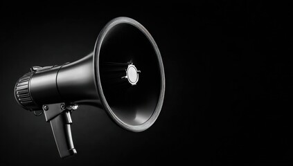 A monochrome megaphone stands ready to amplify a message against a stark black backdrop creating a sense of urgency and importance.