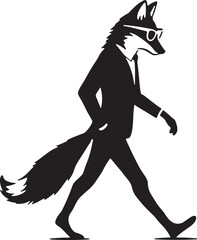 Sophisticated fox in suit walking with glasses and tail