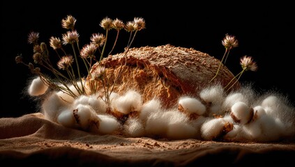 Rustic loaf of bread surrounded by wildflowers and cotton