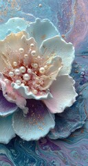 Close-up of a pastel flower, adorned with pearls, set against a marbled background