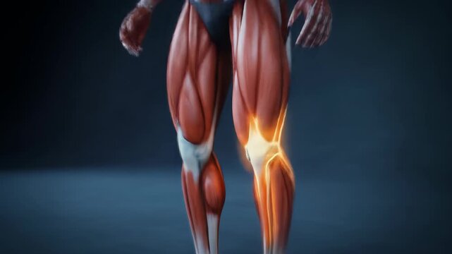 Detailed 3D animation of a male human anatomy model highlighting the knee joint with glowing orange pain or inflammation, showing anatomical structures and muscle tendons
