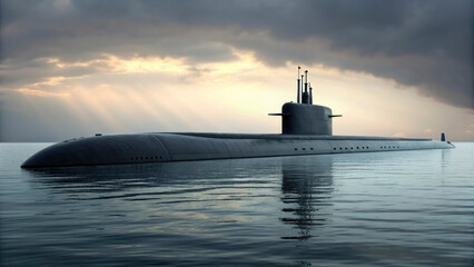 A large submarine is gently moving through serene waters as dark clouds gather in the evening sky, creating a dramatic backdrop. The atmosphere is tranquil yet foreboding