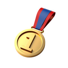 3d A golden first place medal with red and blue ribbon isolated on transparent background
