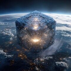 Large metallic cube craft over Earth