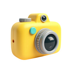 3d A yellow cartoon camera with a gray lens and a blue button isolated on transparent background