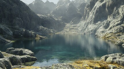 Serene tarn nestled among rugged alpine cliff no human no labelling no logo