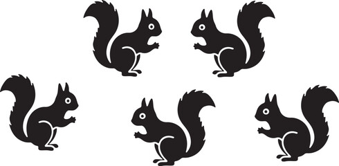 Five black silhouette squirrels in various poses on white background