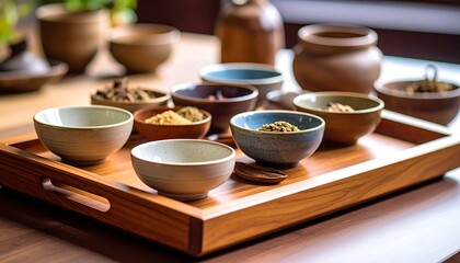 Wooden tray holding various small bowls of spices