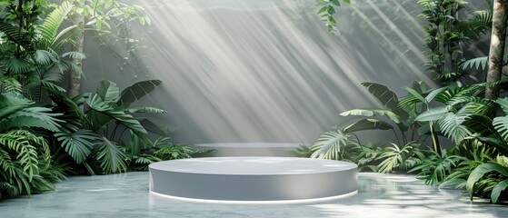 Futuristic Alloy Podium Showcasing Innovative Product in Exotic Botanical Garden Dome