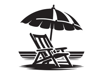 beach chair under umbrella logo silhouette vector, beach chair under sun with umbrella logo, tropical beach sunset scene palm trees beach chair and umbrella logo vector silhouette on white background