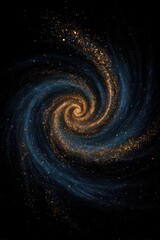 Spiral galaxy with swirling arms of gold and blue dust against a black backdrop