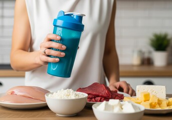 Protein Shake and High-Protein Food Sources on Table