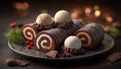 Festive Chocolate Yule Log with ice cream