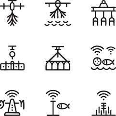 Smart aquaculture vector icon set editable stroke fish farming,water monitoring,automated feeding,drone technology,aquaculture technology,sensor systems,wireless transmission,farming equipment