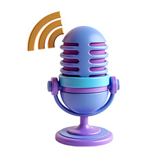 3d A purple and blue microphone with golden sound wave symbols isolated on transparent background