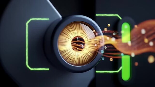 Futuristic eye scanner with glowing green lines and data streams - Powered by Adobe