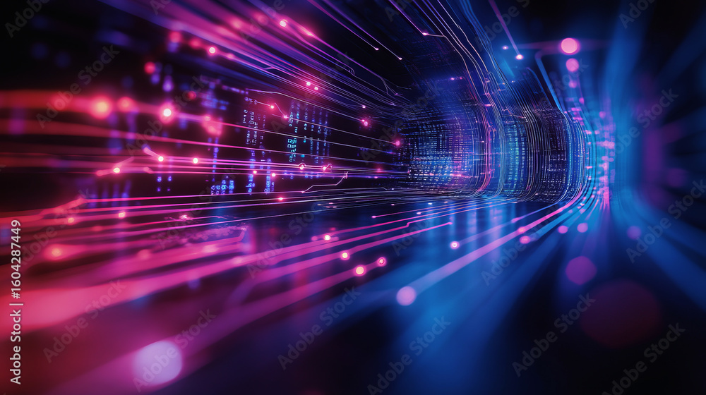 Aufkleber abstract background with colorful lines and circuit board elements on a dark blue backdrop,