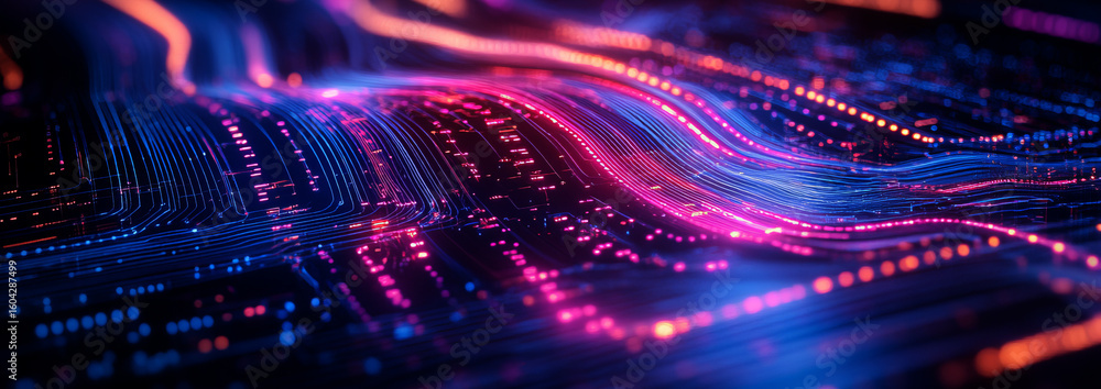 Aufkleber abstract background with colorful lines and circuit board elements on a dark blue backdrop,