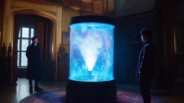 Grand hall scene, two figures stand before a glowing, cylindrical enclosure
