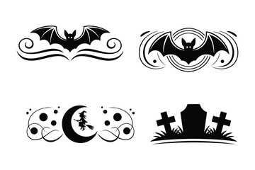 
Set of four Halloween-themed decorative elements with bats, a witch crescent moon broomstick, and gravestone motifs swirls 
