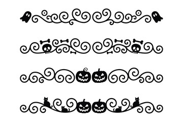 
Set of four decorative Halloween-themed ornamental dividers with ornate borders with ghosts, skulls, and pumpkins, with spooky motifs swirls 

