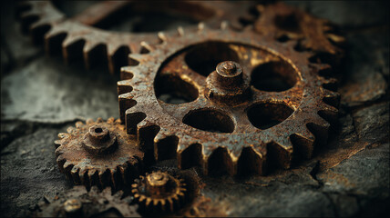 錆びた鉄製スチームパンク歯車が映える秋の遺構