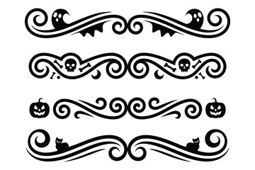 
Set of four decorative Halloween-themed ornamental dividers with ornate borders with ghosts, skulls, and pumpkins, with spooky motifs swirls 


