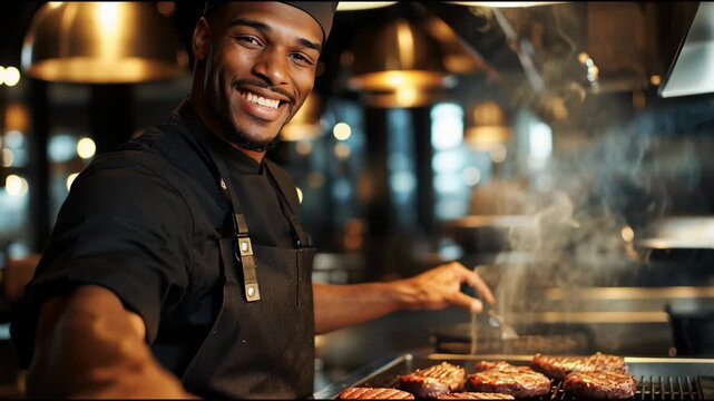 Chef grilling steaks in a bustling restaurant kitchen during evening service