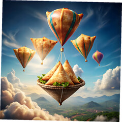 samosa flying like a hot air balloon fun food f