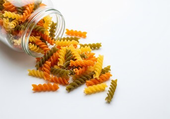 Tricolor Fusilli Pasta Spilling from Glass Jar on White Background