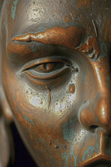 A close-up view of a weathered metallic face sculpture with a single tear drop, highlighting intricate textures, patina, and oxidized copper tones that convey emotion and timeless artistry.