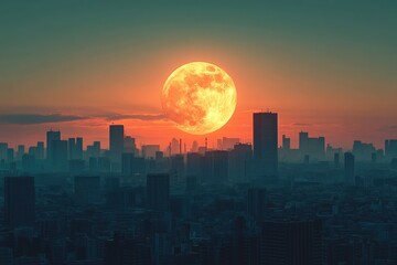 A giant orange moon sets over a sprawling cityscape at sunset, casting a warm, dramatic glow.
