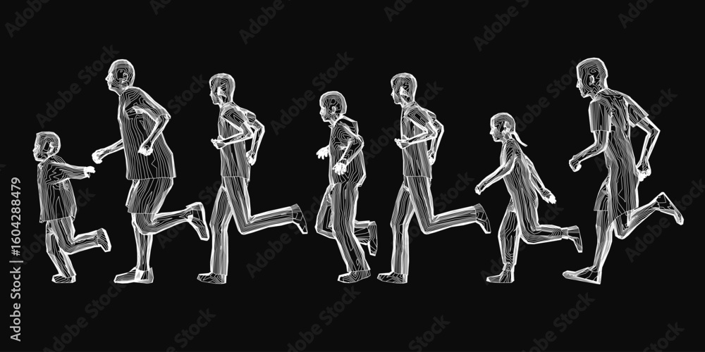 Aufkleber a line of people running in various poses, from sprinting to jogging, against a black background. th