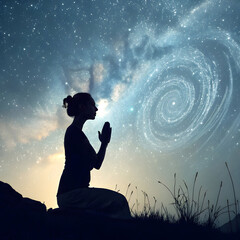 silhouette of a woman praying with galaxy stars a