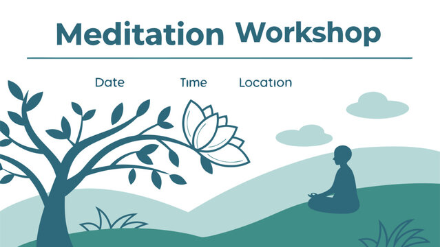 Illustration of meditation workshop with tree, lotus flower, person meditating, clouds and hills design