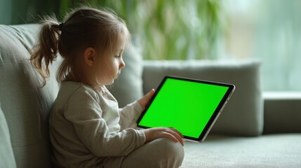 Little girl sitting on sofa holding tablet with green screen in cozy home interior perfect for children’s app mockup, educational content preview and digital parenting visuals