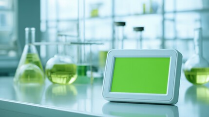 Tablet mockup with green chroma screen on lab table surrounded by scientific glassware and chemical liquids perfect for healthcare interface previews, biotech design and science visuals