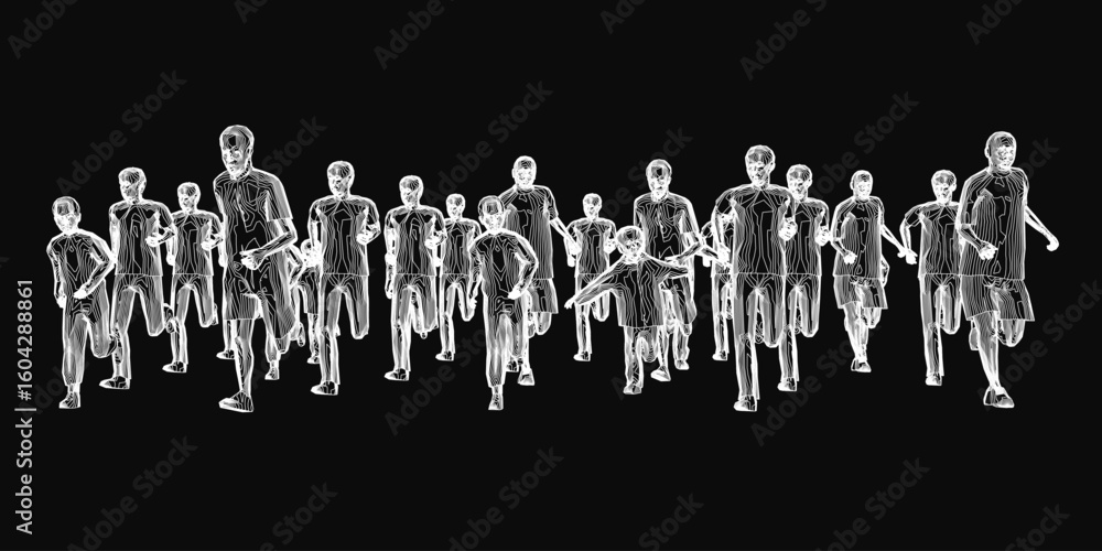 Poster a group of people runing in a line on a black background creates a striking contrast. the animated c