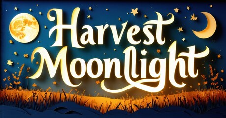 Bright logo features Harvest Moonlight text over night landscape. Stars shine above golden field, moon visible. Festive, warm tones present.