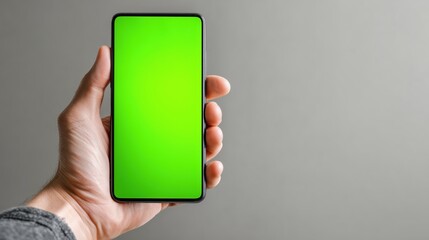 Hand holding smartphone with green chroma key screen on neutral background perfect for mobile app mockup, UI design preview, technology branding and interface concept visuals