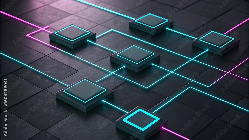 Aufkleber abstract network of glowing neon lines connecting digital cubes on a dark textured surface