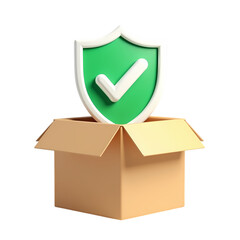 3d Green shield with white checkmark in an open cardboard box isolated on transparent background