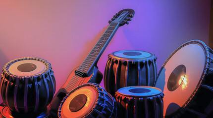 A group of traditional Indian percussion instruments including tablas and a tanpura-style guitar arranged artistically under vibrant red, purple, and blue lighting, creating a rich musical ambiance