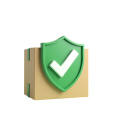3d Green shield with white checkmark in an open cardboard box isolated on transparent background