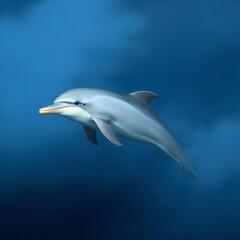 Fototapeta premium A dolphin swimming in the ocean with a blue background and a yellow beak in the water deep below it