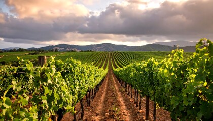Obraz premium Lush vineyard rows stretching to hills under a dramatic sky