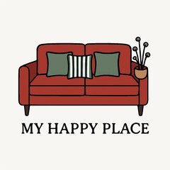 "My Happy Place – Cozy Red Sofa with Cushions and Indoor Plant Illustration"