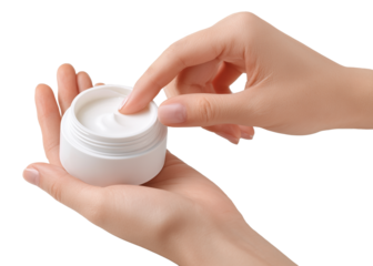 Moisturizer jar open beside hands applying lotion, PNG mockup angle.